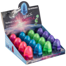 ESPOSITORE 16 GOMME-TEMPERAMATITE A 2 FORI 2-IN-1 DONAU A FORMA DI ASTRONAVE IN COLORI ASSORTITI ESPOSITORE 16 GOMME-TEMPERAMATITE A 2 FORI 2-IN-1 DONAU A FORMA DI ASTRONAVE IN COLORI ASSORTITI