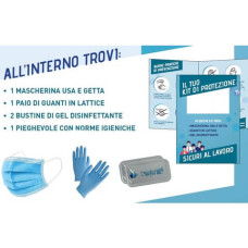 KIT DISPOSITIVI DI PROTEZIONE CON MASCHERINA + GUANTI + 2 BUSTINE GEL + PIEGHEVOLE CON NORME IGIENICHE - SFTKT01