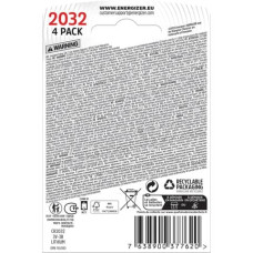 BATTERIE AL LITIO A BOTTONE ENERGIZER LITHIUM BP4 3V 235 MAH CR2032 - CONFEZIONE 4 PEZZI ROSSA - E304127202