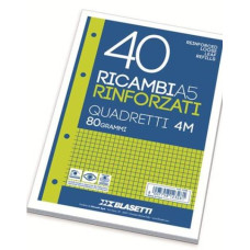 BLASETTI  RICAMBIO QUADERNO AD ANELLI RINFORZATO 40FF 15X21 80GR (A5)  QUADRETTO 0,4