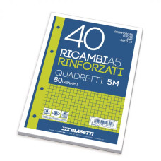 BLASETTI  RICAMBIO QUADERNO AD ANELLI RINFORZATO 40FF 15X21 80GR (A5)  QUADRETTO 0,5