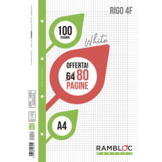 RAMBLOC FOGLI FORATI PER CARTELLINA AD ANELLI QUADRETTO 4F A4 100GR.