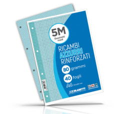 RICAMBI RINFORZATI COLORATI BLASETTI PER QUADERNI AD ANELLI A4 80 G/M² - 40 FF - QUADRETTI 5 MM AZZURRO
