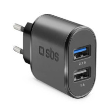 CARICABATTERIE DA VIAGGIO SBS 100/250V 2100 MAH FAST CHARGE 2 USB NERO